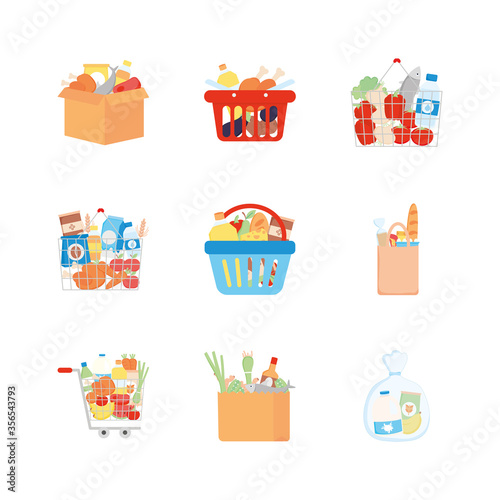 shopping baskets and grocery products icon set, detailed style