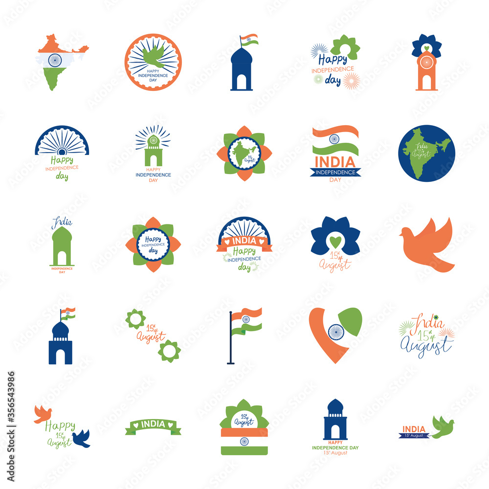 Fototapeta premium earth planet and India independence day icon set, flat style