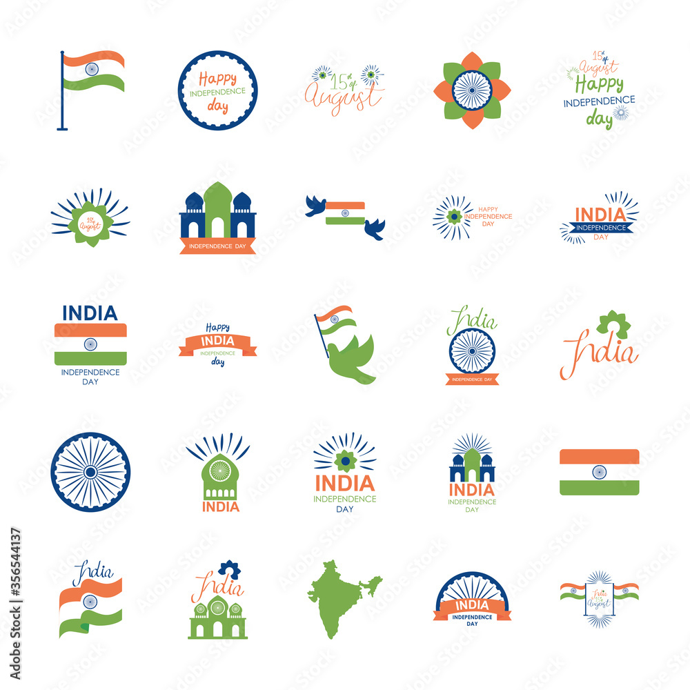 lettering designs of india independence day icon set, flat style