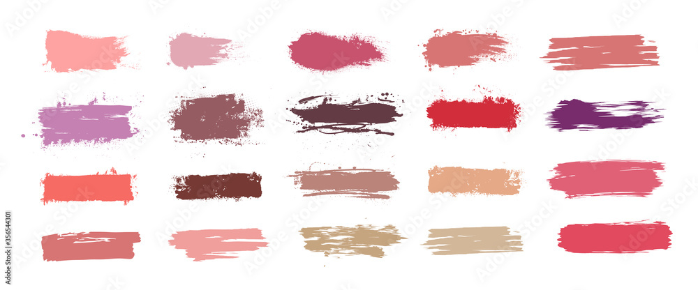 Brushstroke swatch. Makeup paint strokes with fashion 2020 colors, collection patches and smudge effect. Swatches makeup set different tones of trend cosmetics. Vector set for presentation - obrazy, fototapety, plakaty 