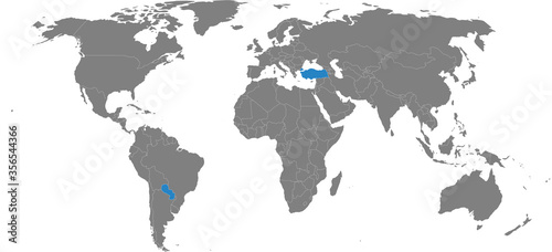 Paraguay, Turkey countries isolated on world map. Light gray background. Business background concepts.