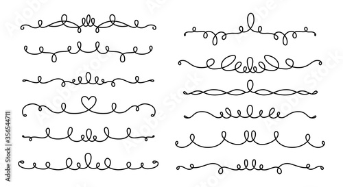 Divider and curl line calligraphic set. Vintage borders, swirl vignettes decorative elements, ornaments. Elegant outline graphics elements black and white drawing whorls. Isolated vector illustration