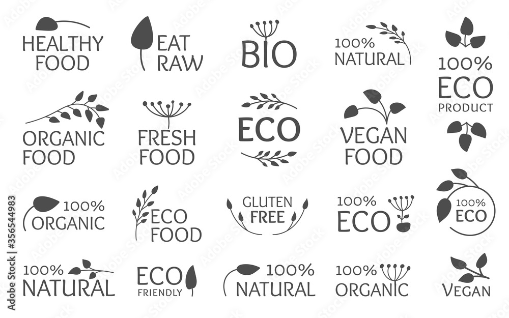 Eco black logo set, icon with leaves. Emblem symbol for organic natural product, bio, gluten free, eat raw. Sign for print badges, tag packaging. Vegan fresh, healthy food Isolated vector illustration