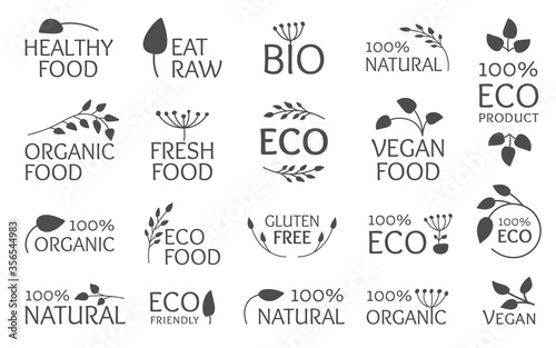 Eco black logo set, icon with leaves. Emblem symbol for organic natural product, bio, gluten free, eat raw. Sign for print badges, tag packaging. Vegan fresh, healthy food Isolated vector illustration
