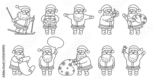 Santa Claus outline Christmas flat cartoon set. Linear collection funny character with gift, bag, skiing, toy, speech bubble or list. Different emotions santa and New Year objects. Vector illustration