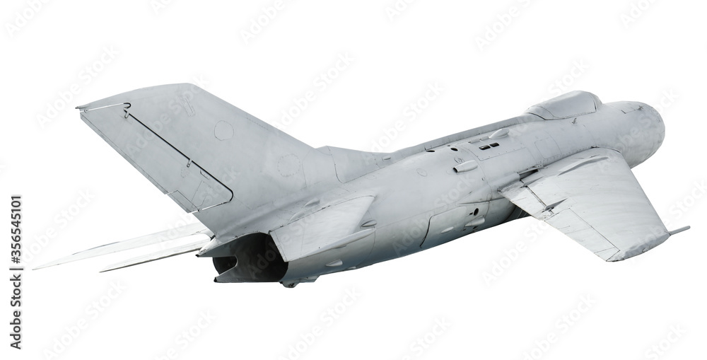 MiG-17 fighter isolated on white. Military machinery