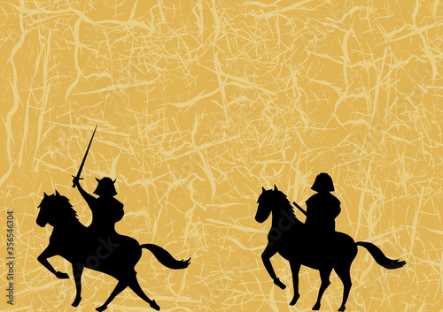 戦国武将のシルエットイラスト　和紙背景