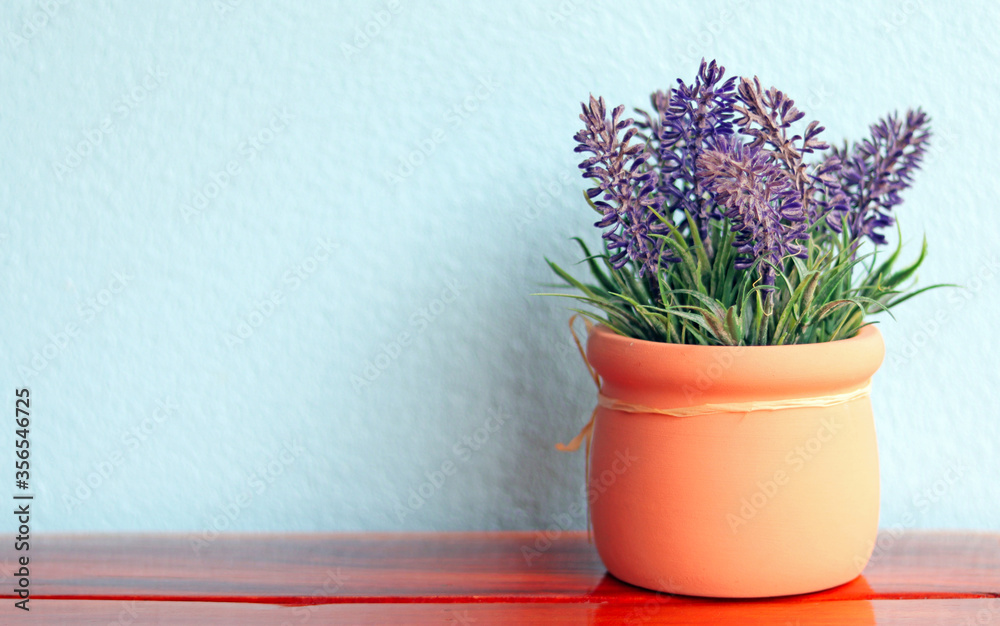 The lavender flowers beautiful in flowerpot on the wooden table isolated in blue wall, blurred background. Selective focus on lavenders, has copy space for texts, can use as a natural background. The lavender flowers beautiful in flowerpot on the wooden table isolated in blue wall, blurred background. Selective focus on lavenders, has copy space for texts, can use as a natural background.