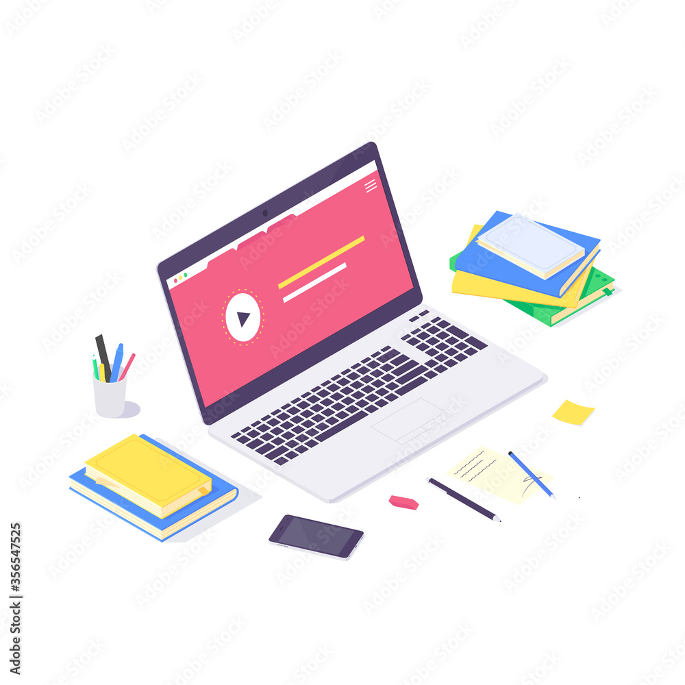 Isometric online education study and teaching concept, technology learn and tutorial network design vector illustration Isometric online education study and teaching concept, technology learn and tutorial network design vector illustration