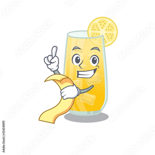 screwdriver cocktail mascot character style with a menu on his hand