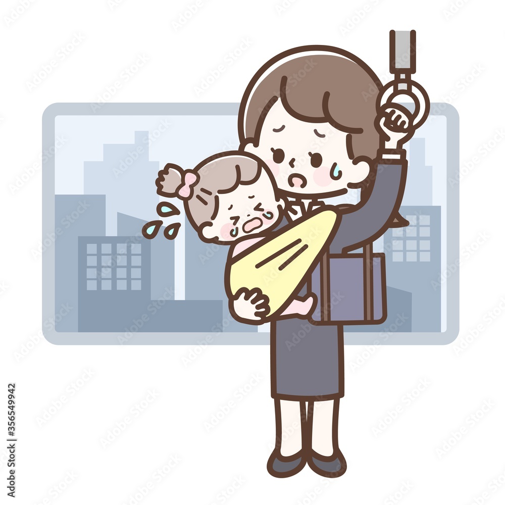 子連れ出勤をする女性と泣く子供 子連れ出勤をする女性と泣く子供