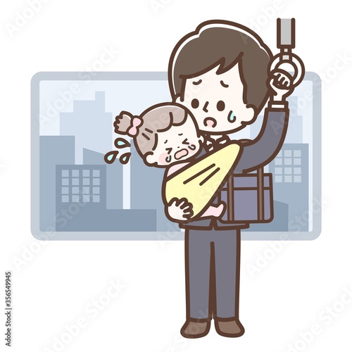 子連れ出勤をする男性と泣く子供