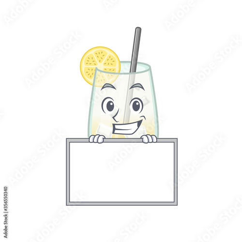 Tom collins cocktail cartoon design style standing behind a board
