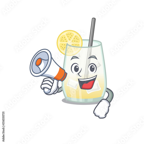 Mascot design of tom collins cocktail announcing new products on a megaphone