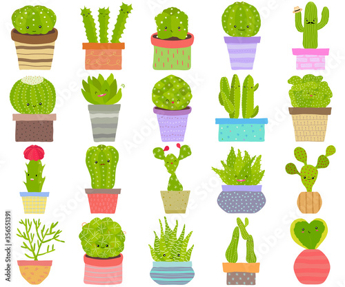 Vector set of cactus cacti aloe succulent plants with face in pot. Collection of flat styled hand drawn exotic houseplant. Cute illustration isolated on white. Beautiful design elements.