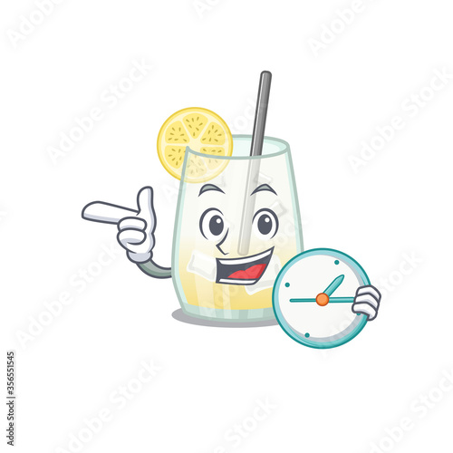 mascot design style of tom collins cocktail standing with holding a clock