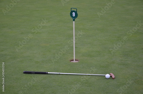 Golf ball and Golf Club on green grass background