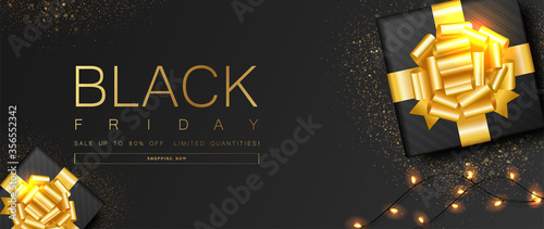 Black Friday sale banner. Sparkling lights with gifts box, and glitter gold design on black background. Top view. Premium and luxury style. Vector illustration.