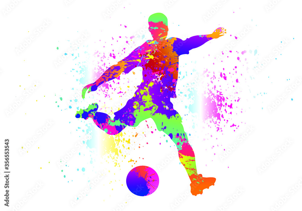 Soccer logo design. Football player kick the goal. Colorful sport background. Vector illustration.