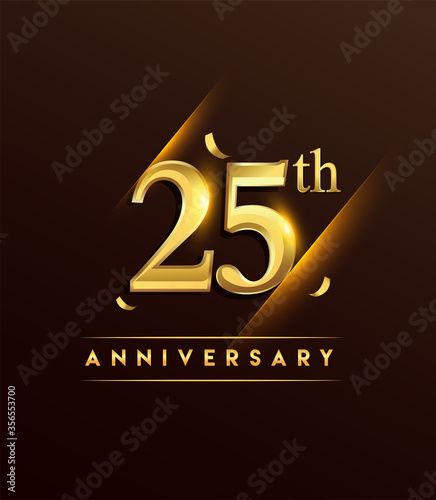 25th anniversary glowing logotype with confetti golden colored isolated on dark background, vector design for greeting card and invitation card.