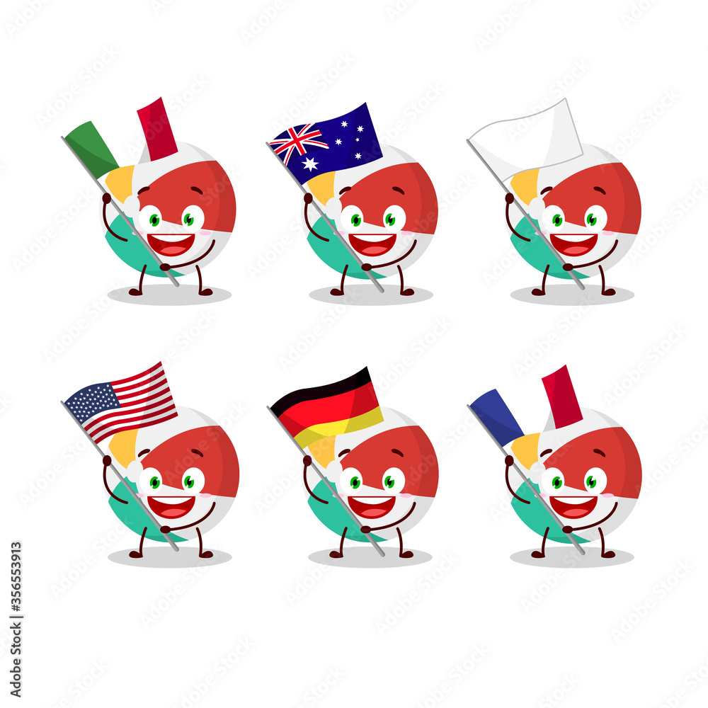 Beach ball cartoon character bring the flags of various countries