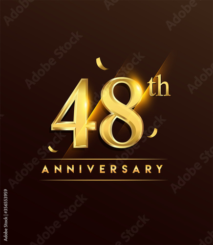 48th anniversary glowing logotype with confetti golden colored isolated on dark background, vector design for greeting card and invitation card.