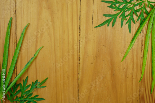 corner green leaves frame wooden vintage background