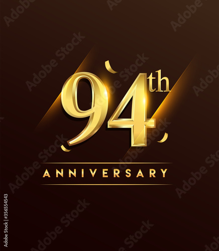 94th anniversary glowing logotype with confetti golden colored isolated on dark background, vector design for greeting card and invitation card.
