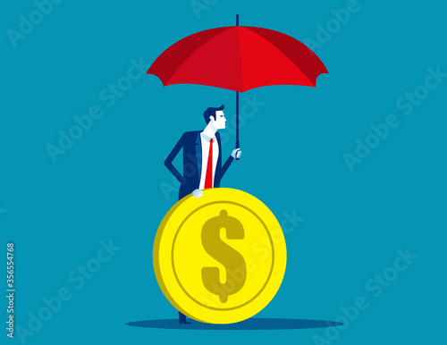 Businessman protect his coin. Financial concept