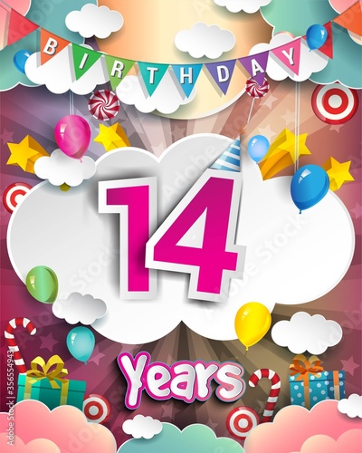 14th Birthday Celebration greeting card Design, with clouds and balloons.