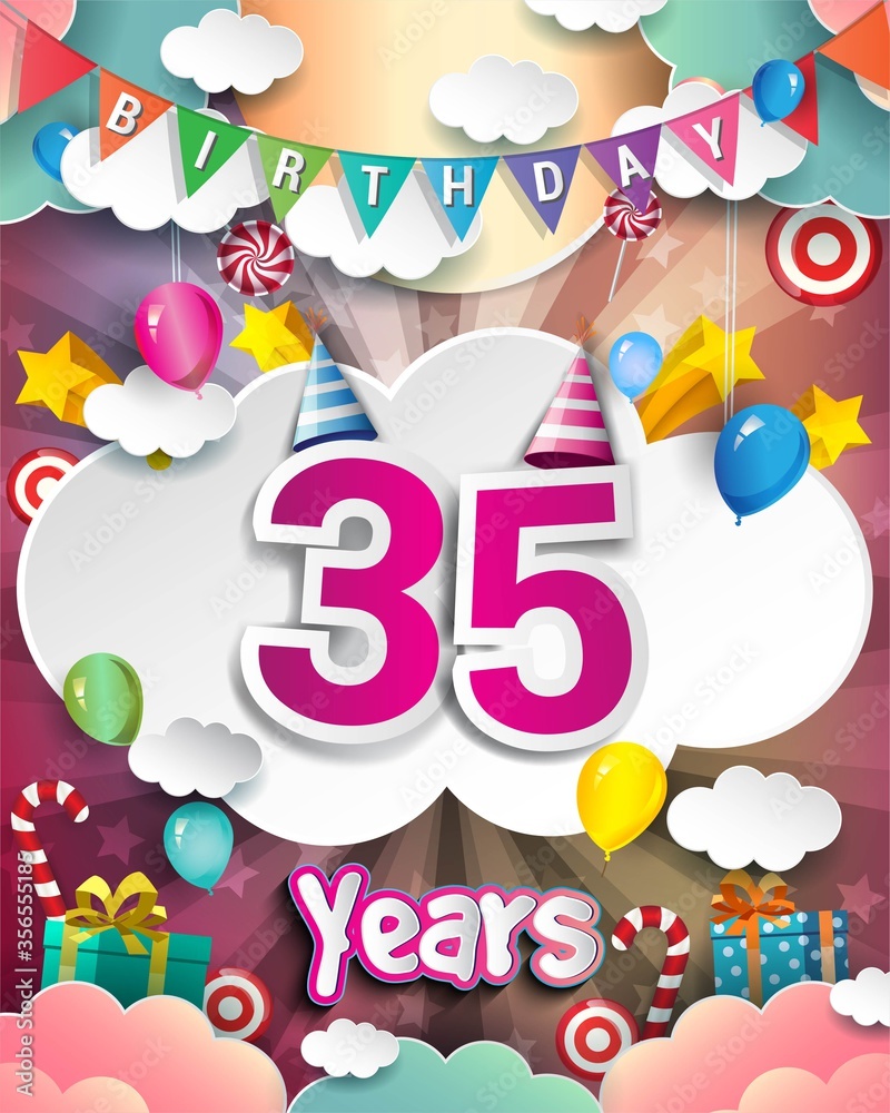 35th Birthday Celebration greeting card Design, with clouds and balloons.