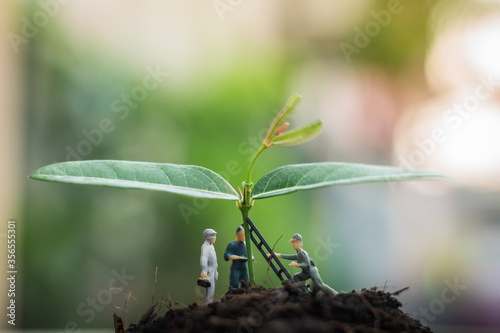 Miniature people team works to inspect and plant trees for a green world project. (We plant trees for a better world)