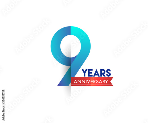 9th Anniversary celebration logotype blue colored with red ribbon, isolated on white background.