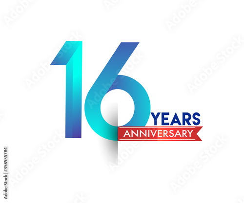 16th Anniversary celebration logotype blue colored with red ribbon, isolated on white background.