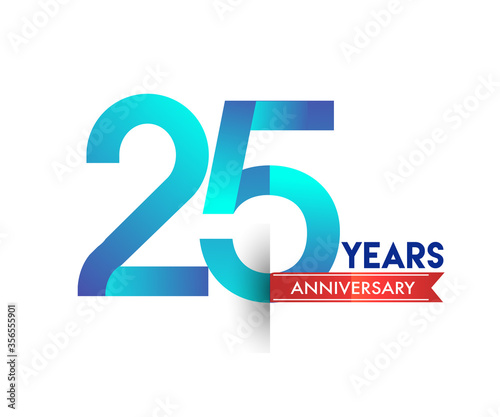 25th Anniversary celebration logotype blue colored with red ribbon, isolated on white background.