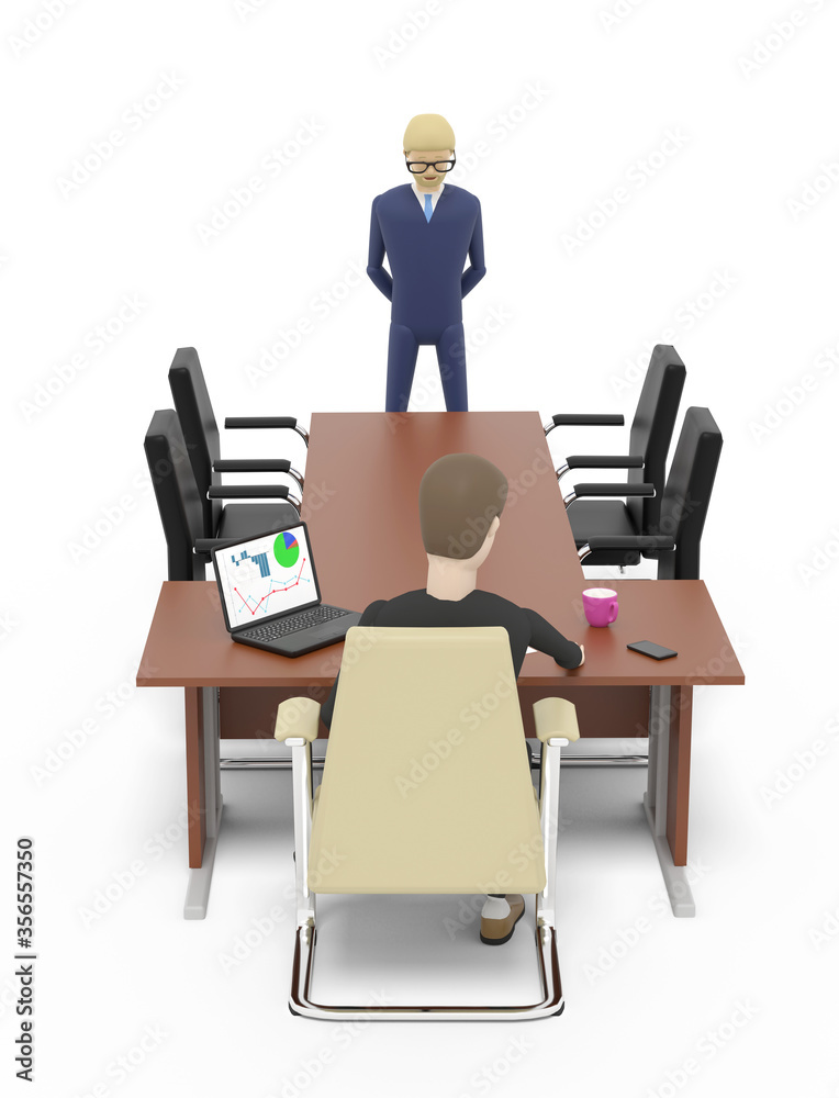 Boss and an employee standing in front of him in the office. White background. 3D illustration Boss and an employee standing in front of him in the office. White background. 3D illustration