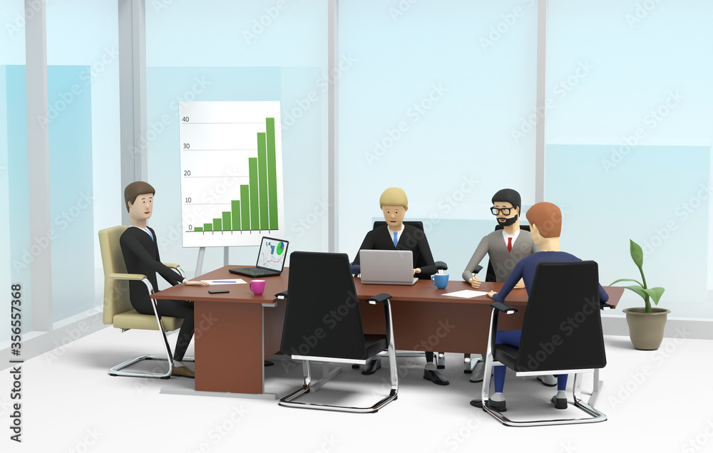 Chief of the company and subordinates at the business meeting in the office. 3D illustration Chief of the company and subordinates at the business meeting in the office. 3D illustration