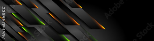 Futuristic black technology background with orange green neon lines. Glowing vector banner design
