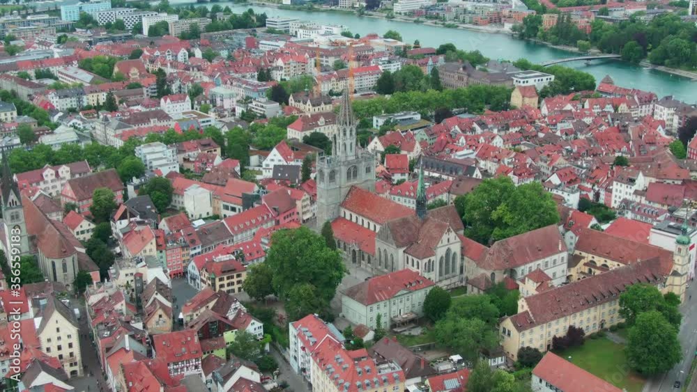 Aerial Drone Shot of Downtown Konstanz at Constance Lake on a cloudy day Aerial Drone Shot of Downtown Konstanz at Constance Lake on a cloudy day