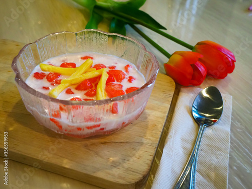 Thai Red Ruby in Coconut Milk desserts from Thailand, eat after the main meal in the summer, very tasty