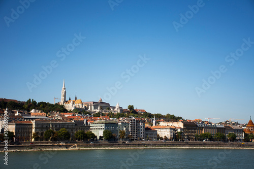View landscape and cityscape of Budapest old town and Budapest Castle Hill or Buda Castle Royal Palace with Danube Delta river and Budapest Chain Bridge with tour cruises in Budapest, Hungary