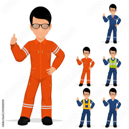Set of industrial worker is presenting thumbs up