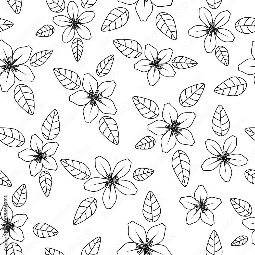 Symmetric lilies illustration outlines and black over white seamless pattern Symmetric lilies illustration outlines and black over white seamless pattern
