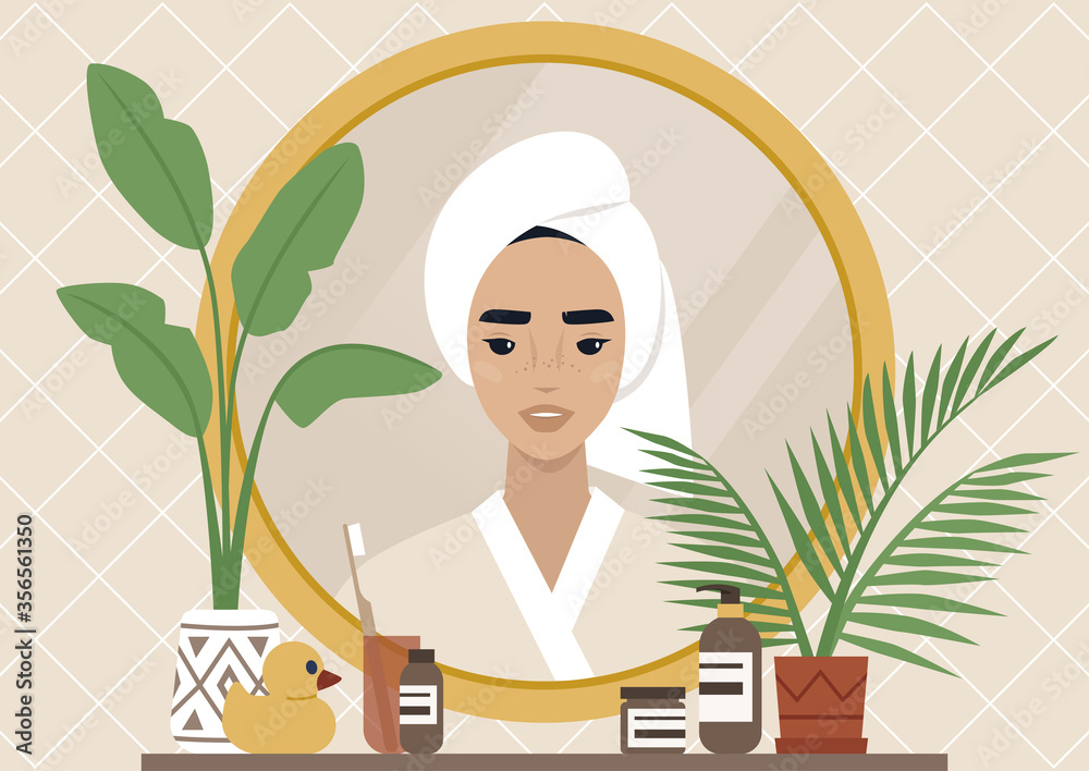 A mirror reflection, a Young female character wearing a towel wrapped at the side of their head, daily body care routine, boho interior, natural patterns and plants A mirror reflection, a Young female character wearing a towel wrapped at the side of their head, daily body care routine, boho interior, natural patterns and plants