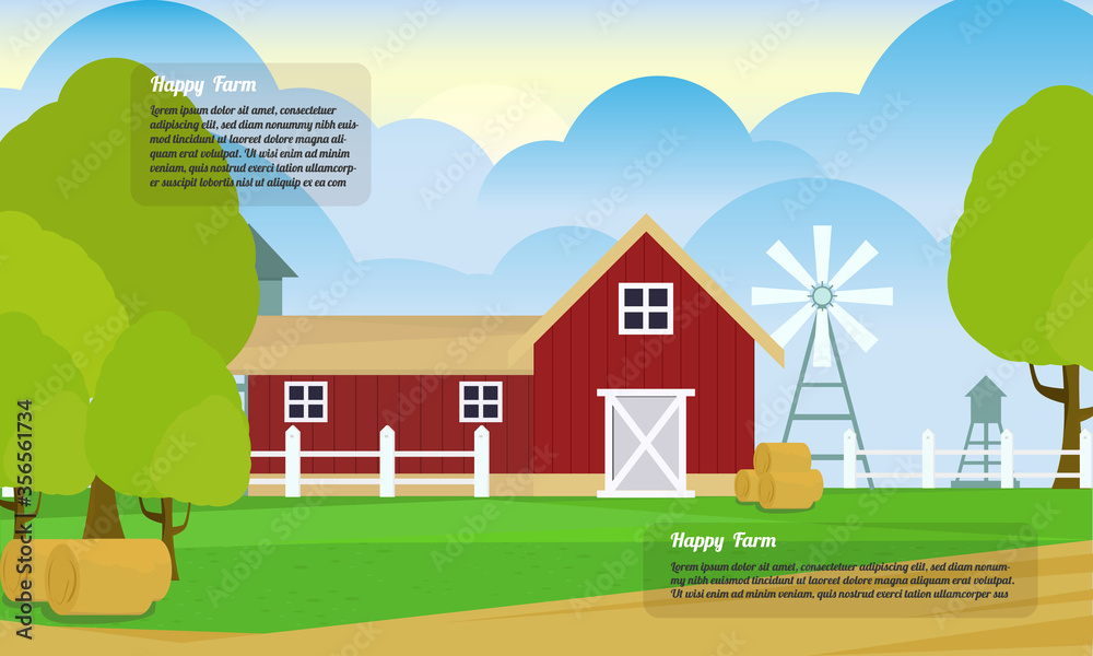 Flat farm landscape background with barn and windmill.
