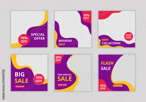 Editable template post for social media promotion. Web banner square for ad. Design with liquid shape.