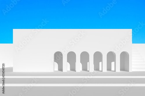  Abstract of minimal architecture with arch door and wall on blue sky  shade and shadow. 3D rendering.