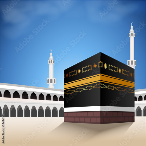 Kaaba vector for hajj mabroor in Mecca Saudi Arabia. Pilgrimage steps from beginning to end Arafat Mountain for Eid Adha Mubarak. Islamic background on sky and clouds. Hajj ritual.