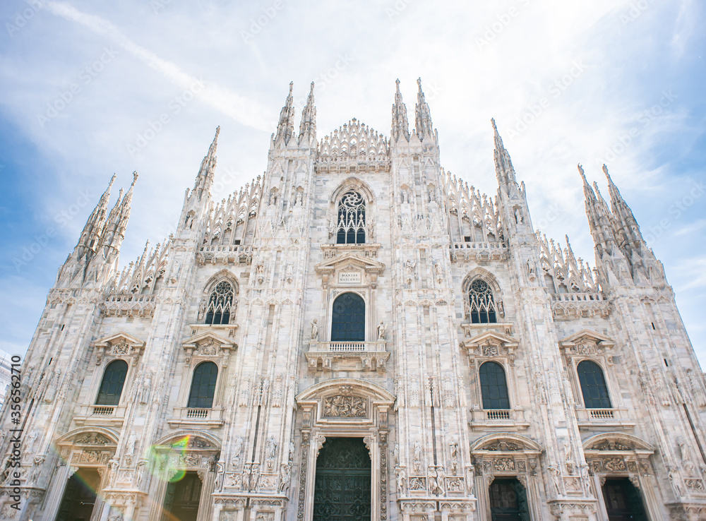 Facade of Milan Duomo. Italy. Milan Cathedral on Sunny Day.