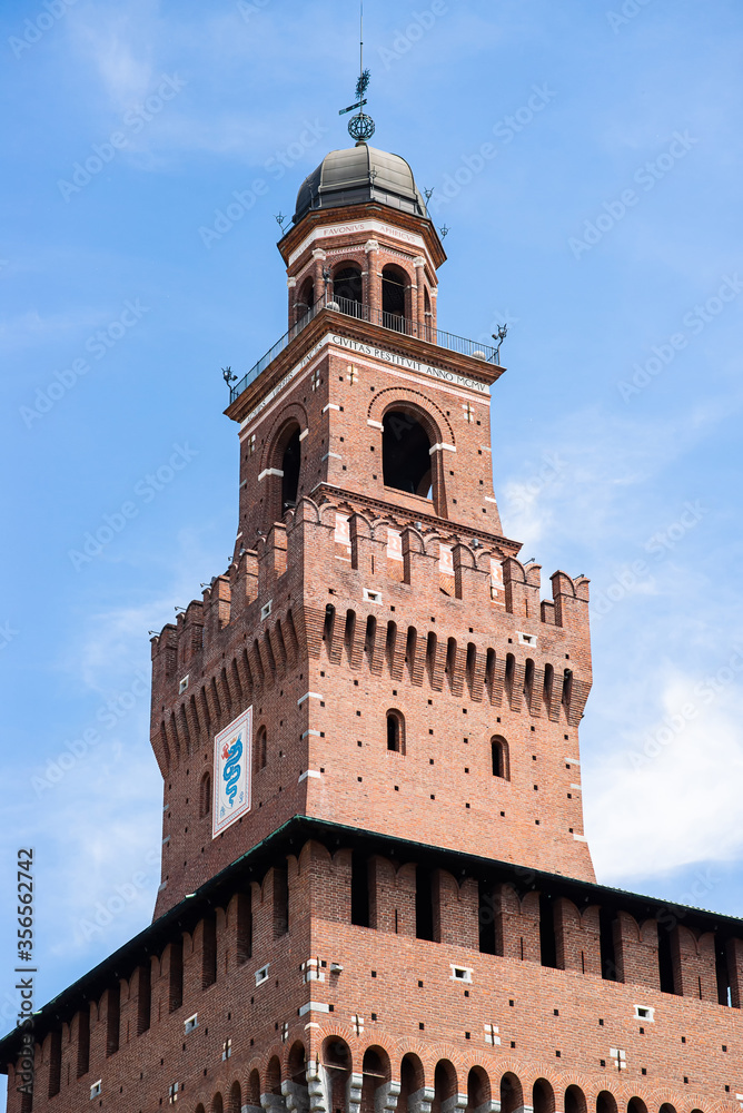 Sforza Castle. Filarete Tower. Blue Sky.